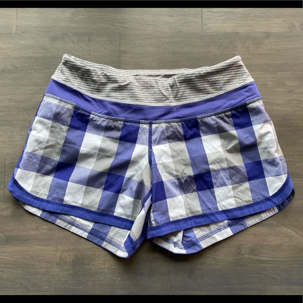 Lululemon Groovy Run Short - purple/grey/white checkered, size 4